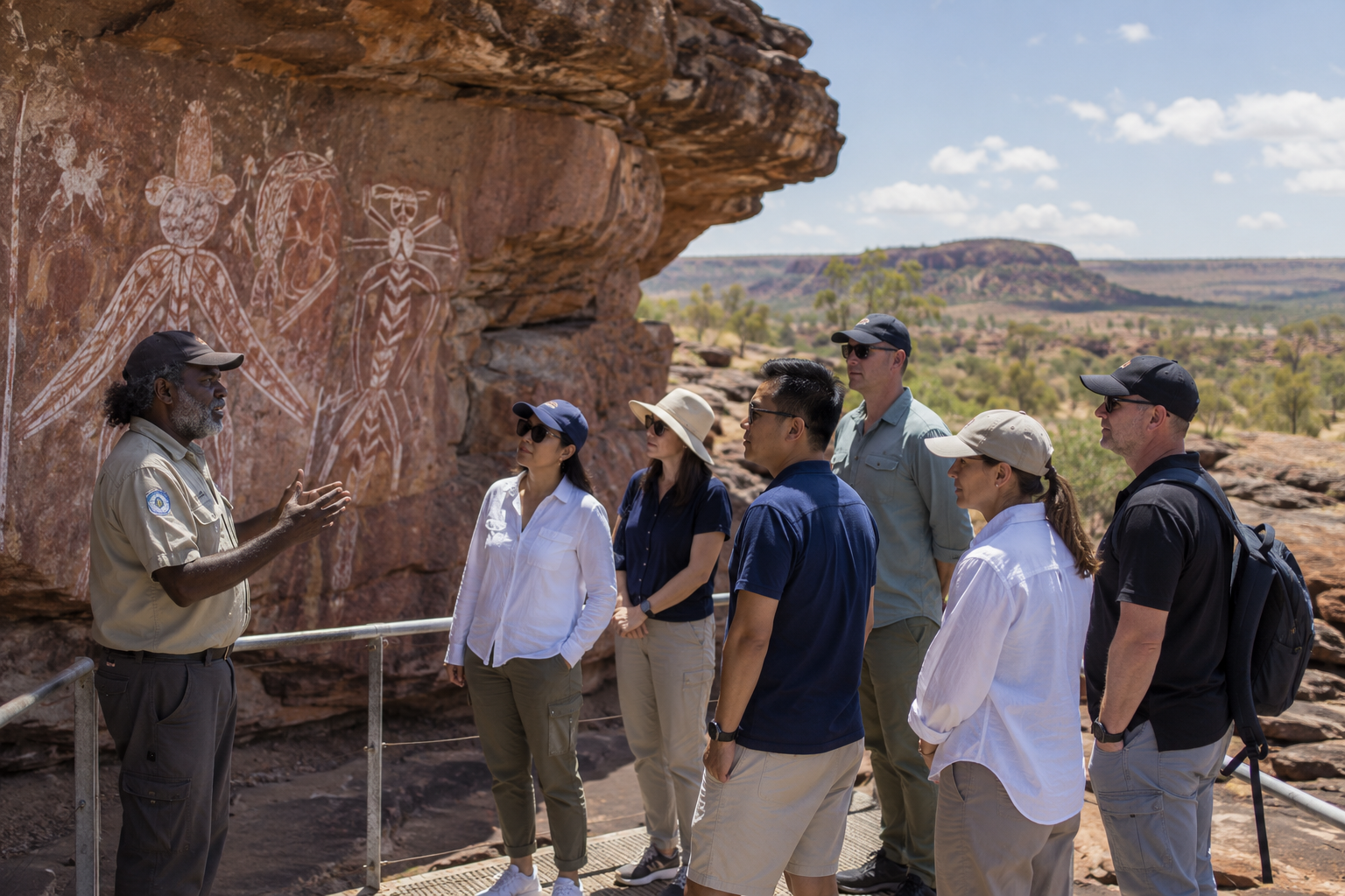 A tour guide explaining ancient rock art to a group of tourists at an outdoor archaeological site, with a backdrop of desert landscape and distant mesas.