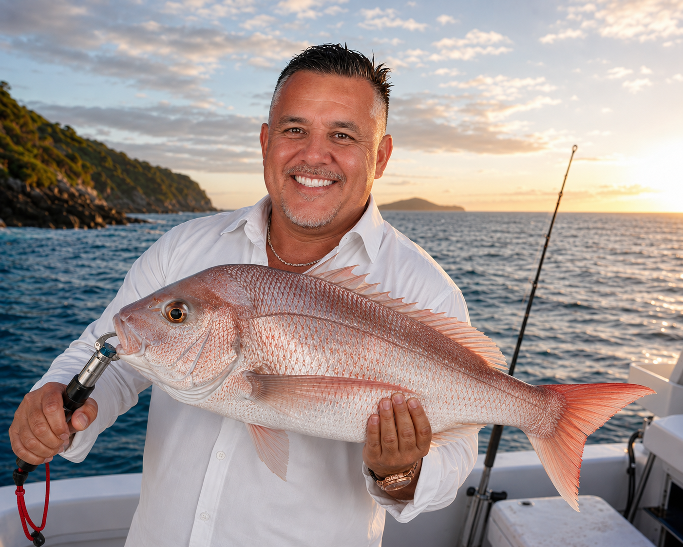 A man with a big smile holding a large fish on a boat during sunset at sea.