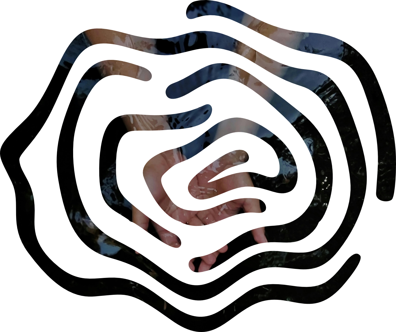 Mothering brand mark ripple shape overlaid over an image of female hands in water