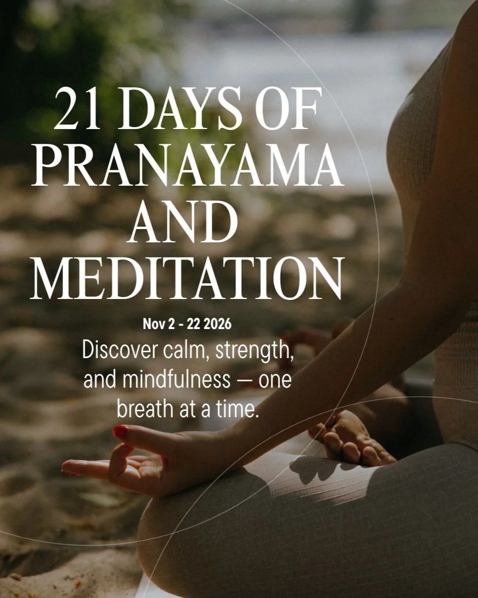 Poster for 21 days of Pranayama and meditation event from November 2 to 22, 2026, with a background of a person practicing yoga outdoors, sitting cross-legged near a peaceful body of water.