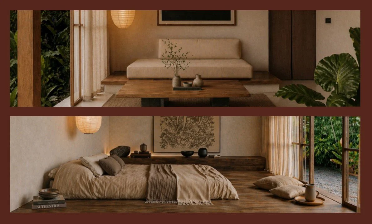 Two rooms with minimalist decor, one with a sofa and coffee table, the other with a bed and floor seating, both featuring naturalwood furniture, plants, and soft lighting.