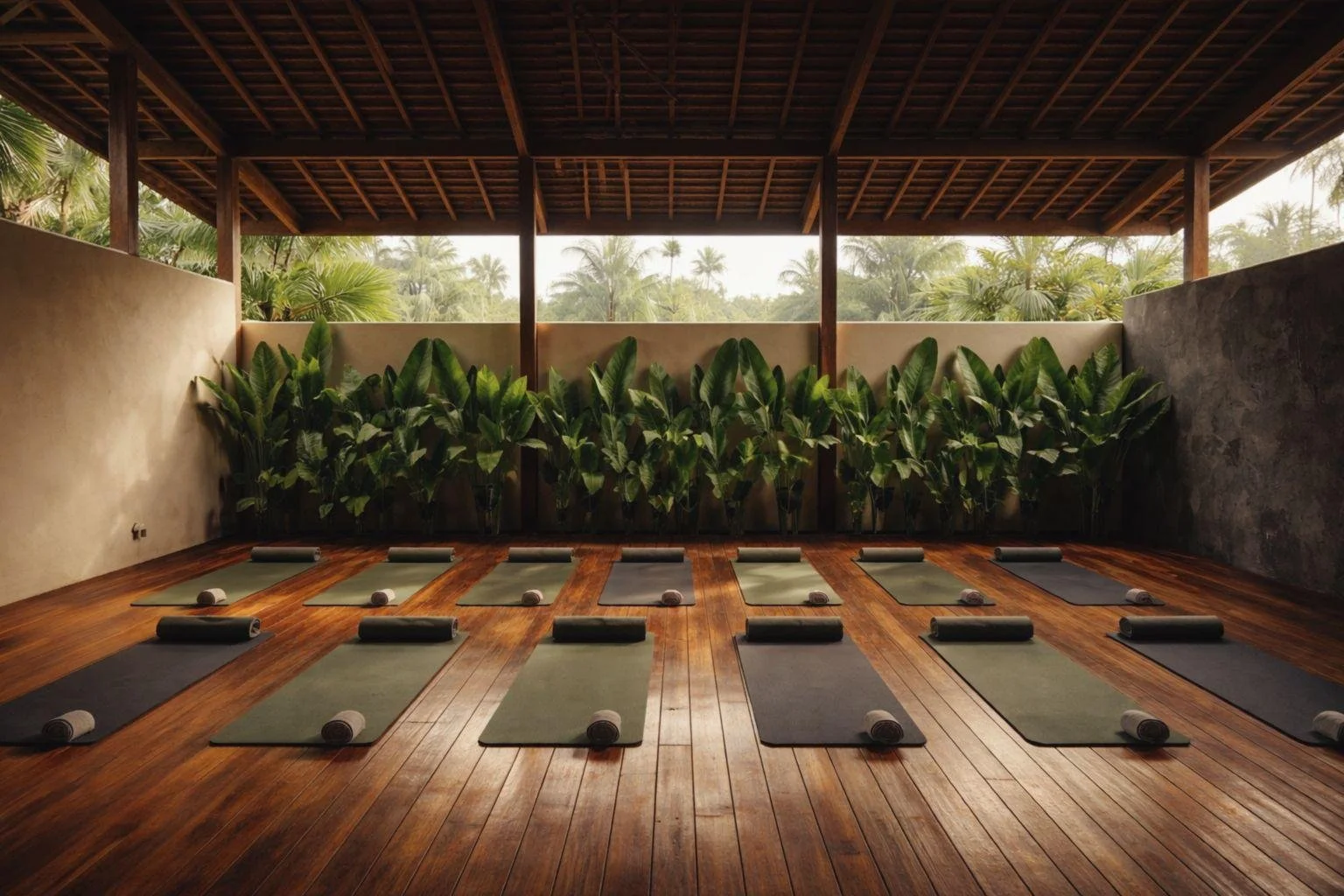 An outdoor yoga studio with wooden floors, yoga mats, and rolled-up towels arranged in two rows. Lush green plants line the back wall, and a shaded roof covers the space, with view of trees in the background.