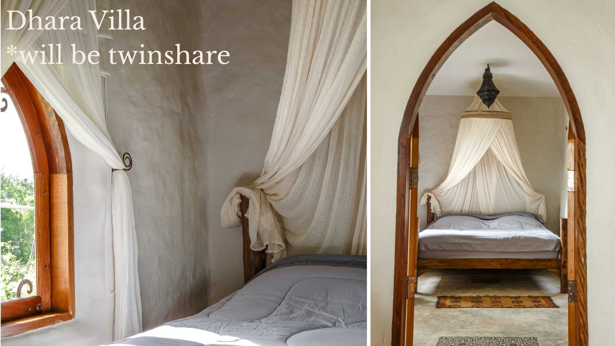 A bedroom with a bed and a canopy made of light-colored fabric hanging from a wooden four-poster frame. The room features an arched wooden doorway with a hanging light fixture, and there is a small rug on the floor.