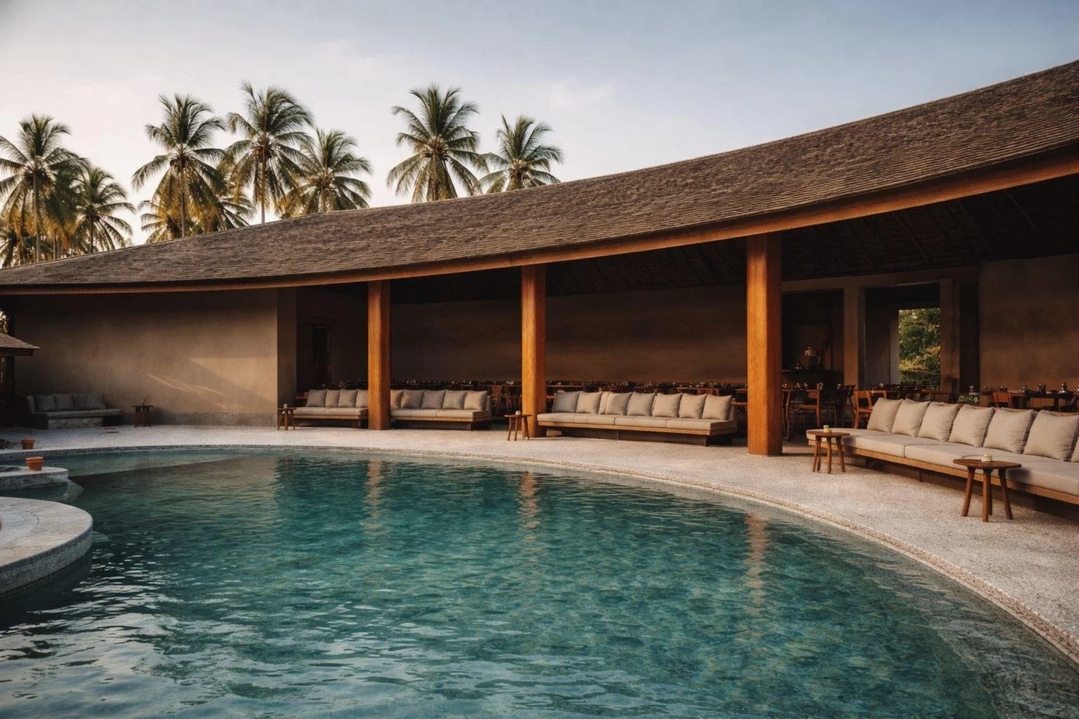 A luxurious poolside lounge area with beige couches under a wooden roof, surrounded by palm trees.