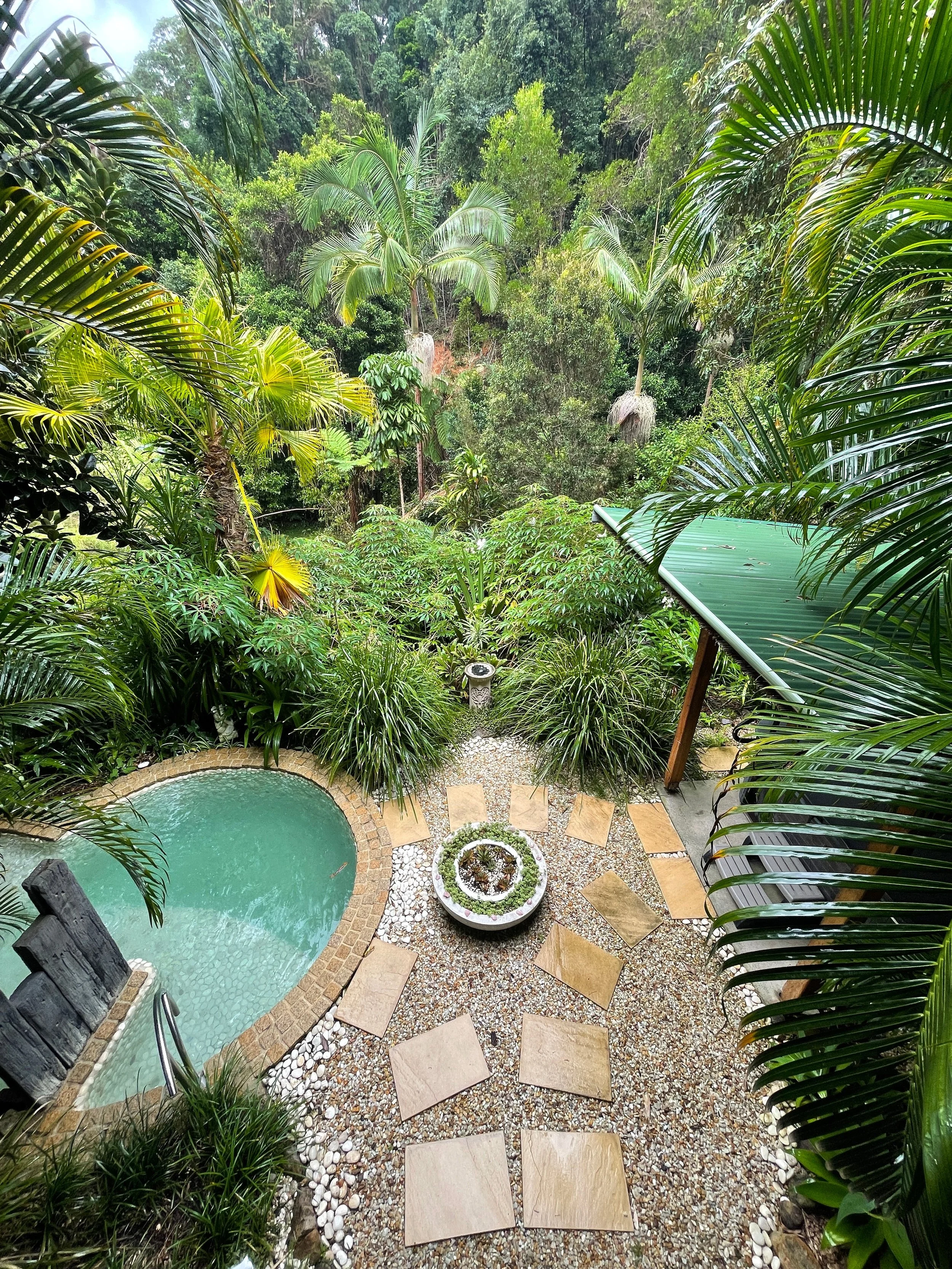 A lush tropical garden with a small petal-shaped swimming pool, surrounded by various green plants and trees, with a pathway leading to a small circular fountain at the center.