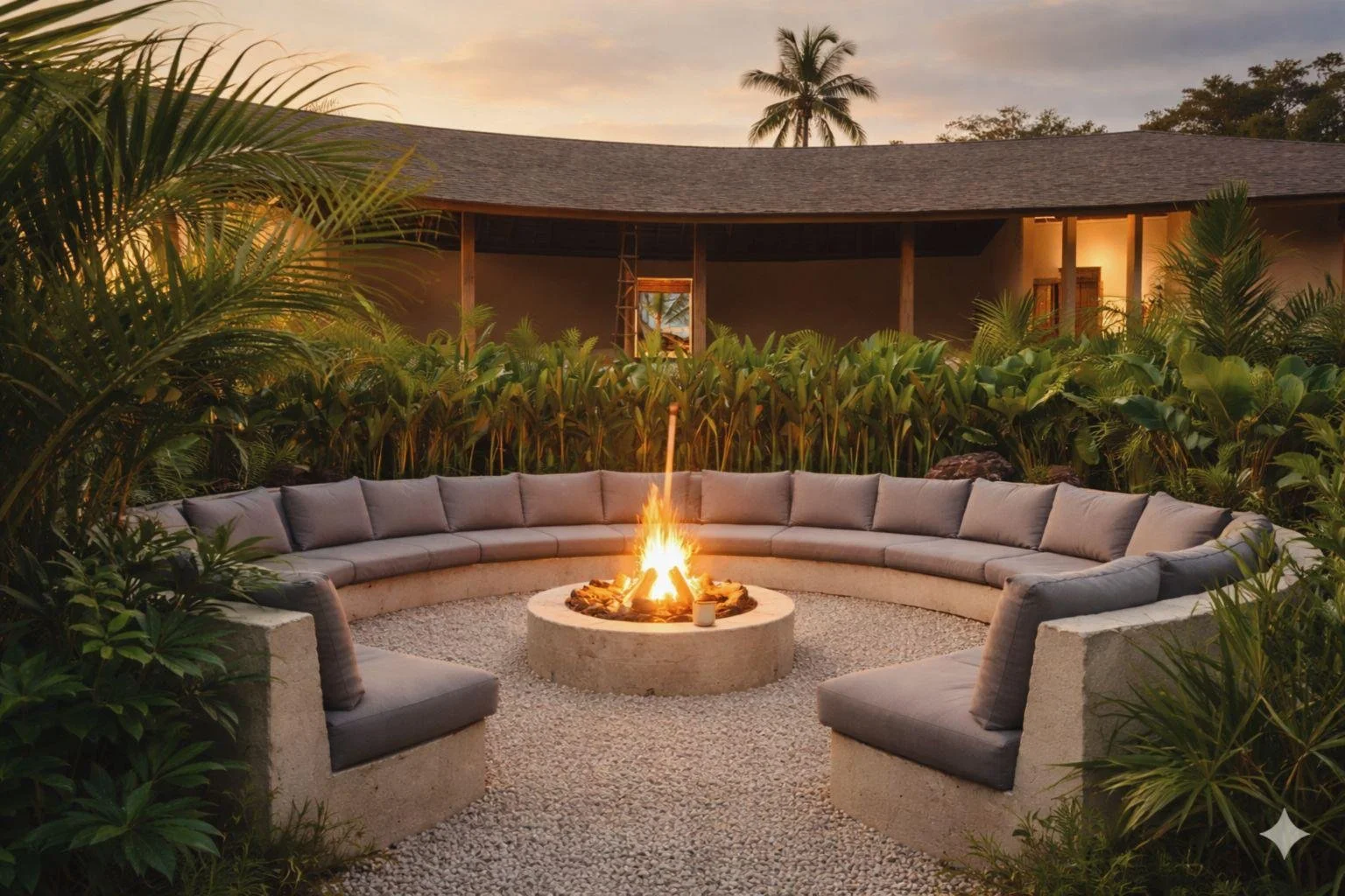 A circular outdoor seating area with gray cushioned benches surrounds a lit fire pit, set among lush green plants, with a house and palm trees in the background at sunset.
