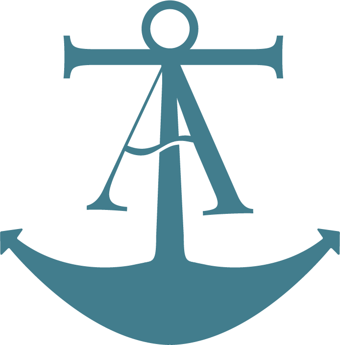 An anchor with a large letter A and a letter T overlaid, symbolizing maritime or nautical theme.