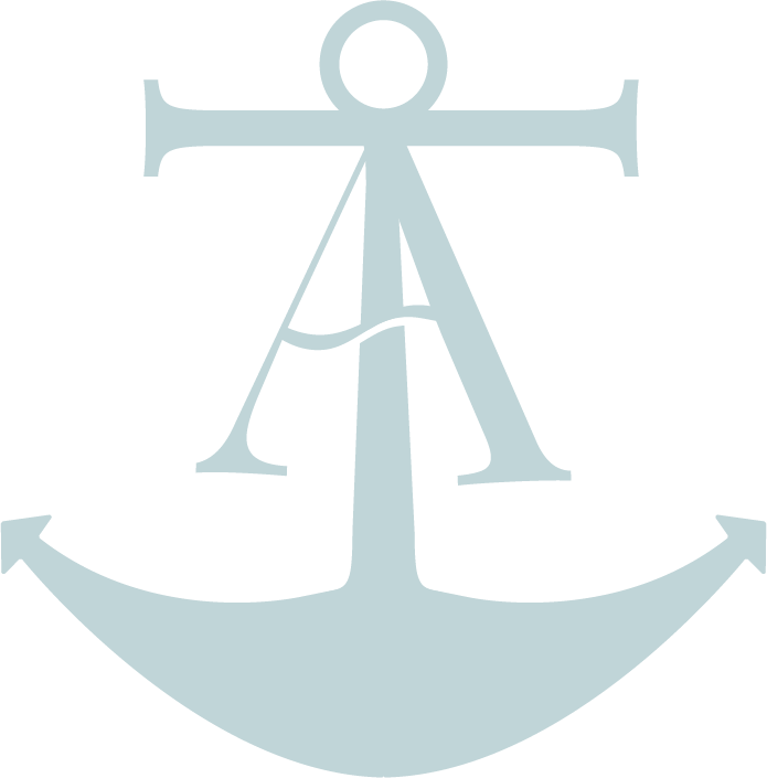 Light blue anchor with the letter A integrated into the design, set against a black background.