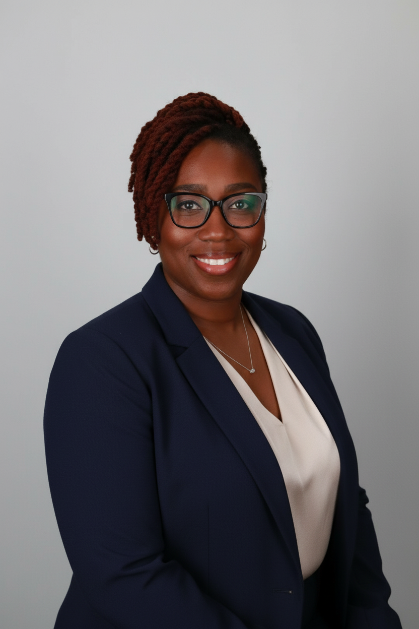 A professional woman with glasses, reddish-brown dreadlocks, and a friendly smile, wearing a navy blazer and cream blouse, standing against a plain light-colored background.
