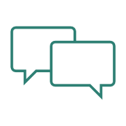 Two overlapping speech bubbles, one outlined and one filled, in teal color