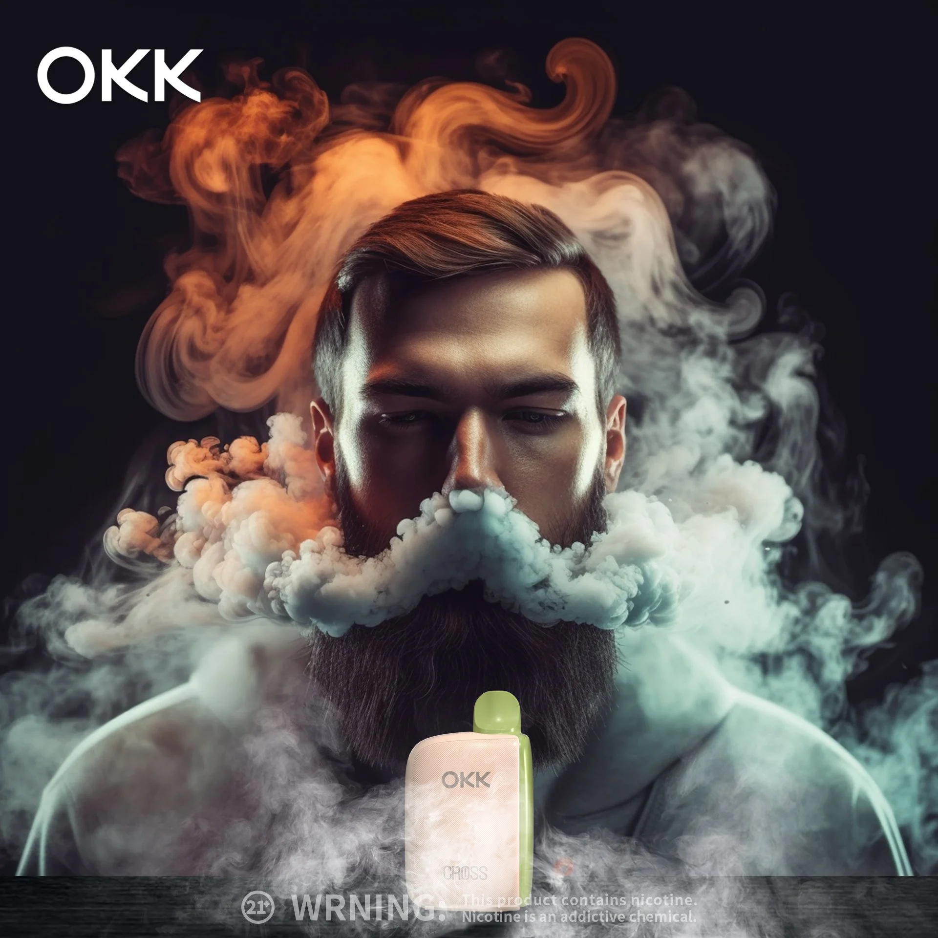 A person with short hair and a beard exhales vapor, with orange and gray smoke swirling behind them, and a nicotine vaping device in front with the brand name 'OKK' and the vapor product called 'CROSS'. The image includes warning labels about nicotine addiction.