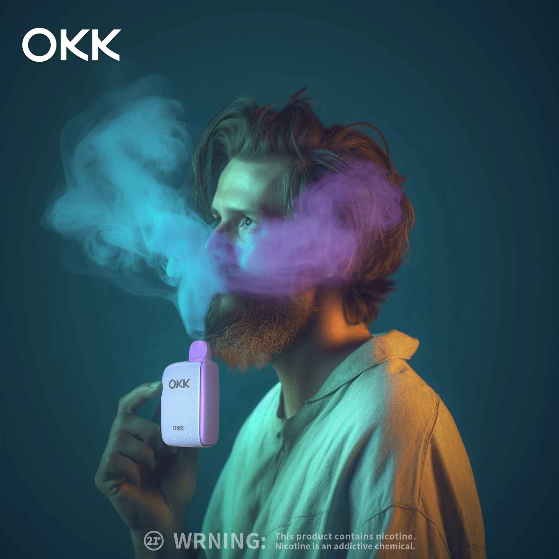 A man holding a white vape device with the brand name 'OKK' on it, with colored smoke emanating from it, against a dark background.