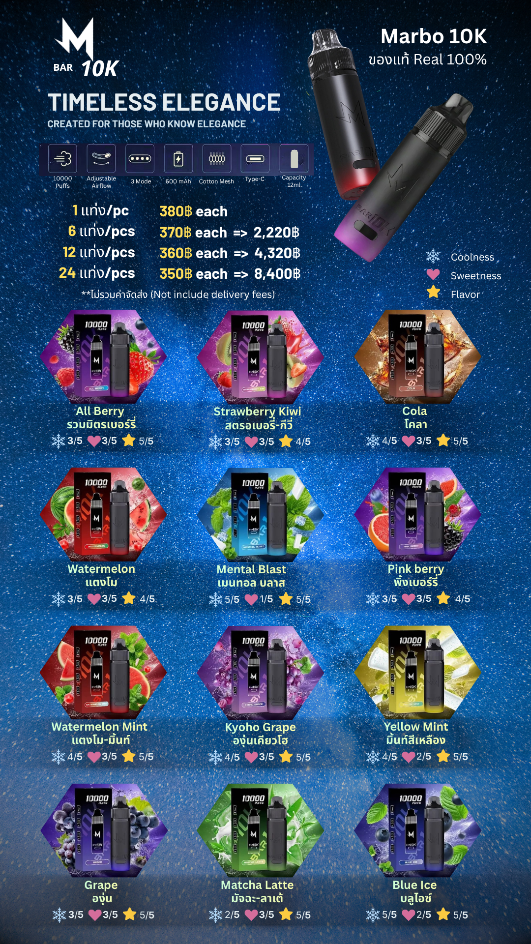 Advertisement for Marbo 10K disposable vapes with various fruity flavors, featuring prices, product features, and colorful packaging.