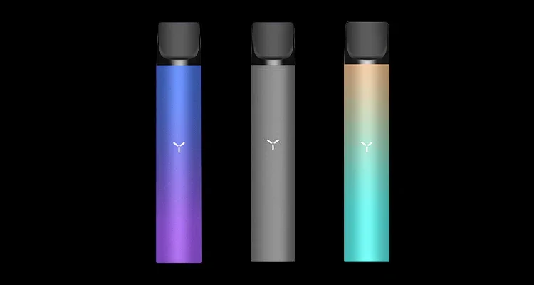 Three vape pens or e-cigarettes in different colors: blue, gray, and teal, with black mouthpieces against a black background.