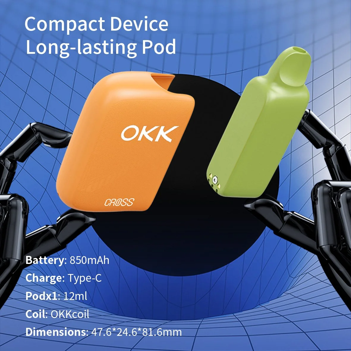 A digital graphic showing two compact vaping devices, one orange and one green, with robotic arms holding them. Text highlights the features, including an 850mAh battery, Type-C charge, 12ml pod capacity, OKK coil, and dimensions of 47.6*24.6*81.6mm.