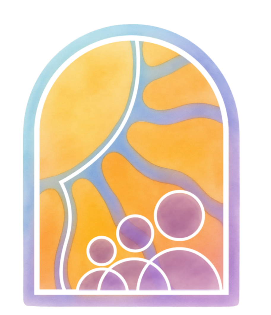 Colorful stained glass window with abstract shapes in shades of yellow, orange, purple, and blue.