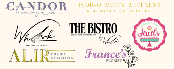 Collection of logos for wellness, dessert, bistro, event studio, florist, and candy shop businesses with their respective names and design styles.