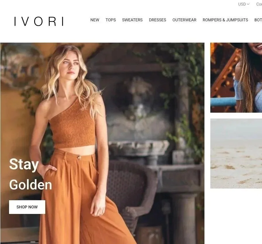 Website homepage for Ivori featuring a woman in a brown sleeveless crop top and matching wide-leg pants, standing indoors in front of a fireplace, with overlay text 'Stay Golden' and a 'Shop Now' button.