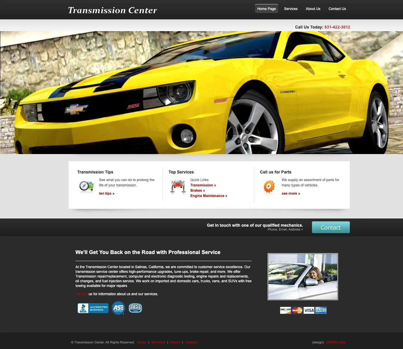 Homepage of a transmission repair center website featuring a yellow Chevrolet Camaro car with black racing stripes.
