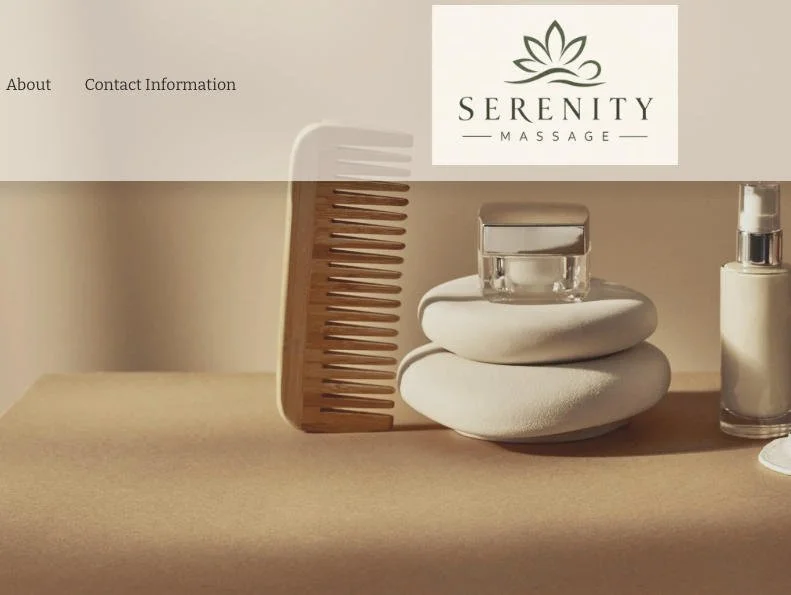 Spa setting with a wooden massage comb, white stones, a small glass container, and a white bottle on a beige surface, with Serenity Massage logo at the top.