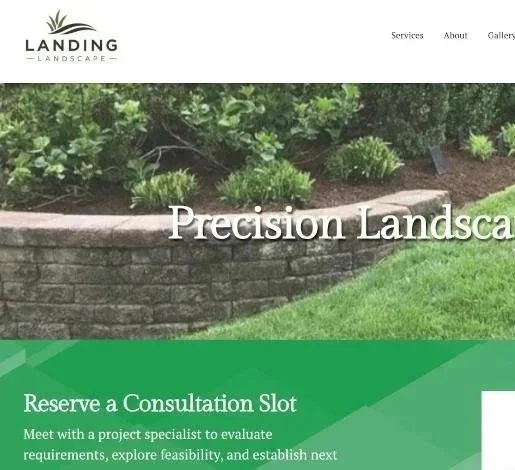 Screenshot of a landscape design company's website called Landing Landscape, featuring a garden with green bushes and a stone retaining wall, along with text about reserving a consultation slot.