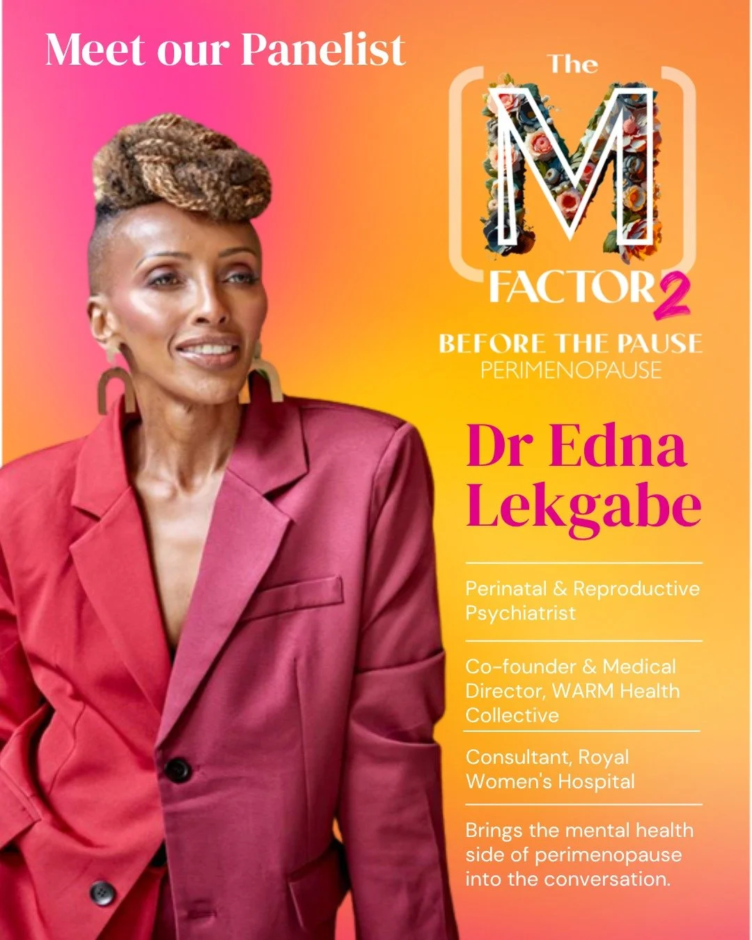 Meet our panelist: Dr Edna Lekgabe 🎙️ 

Perimenopause isn't only physical. Mood, anxiety and sleep changes are some of the most common and least talked-about parts of this transition. 

Dr Edna Lekgabe is a perinatal and reproductive psychiatrist, c