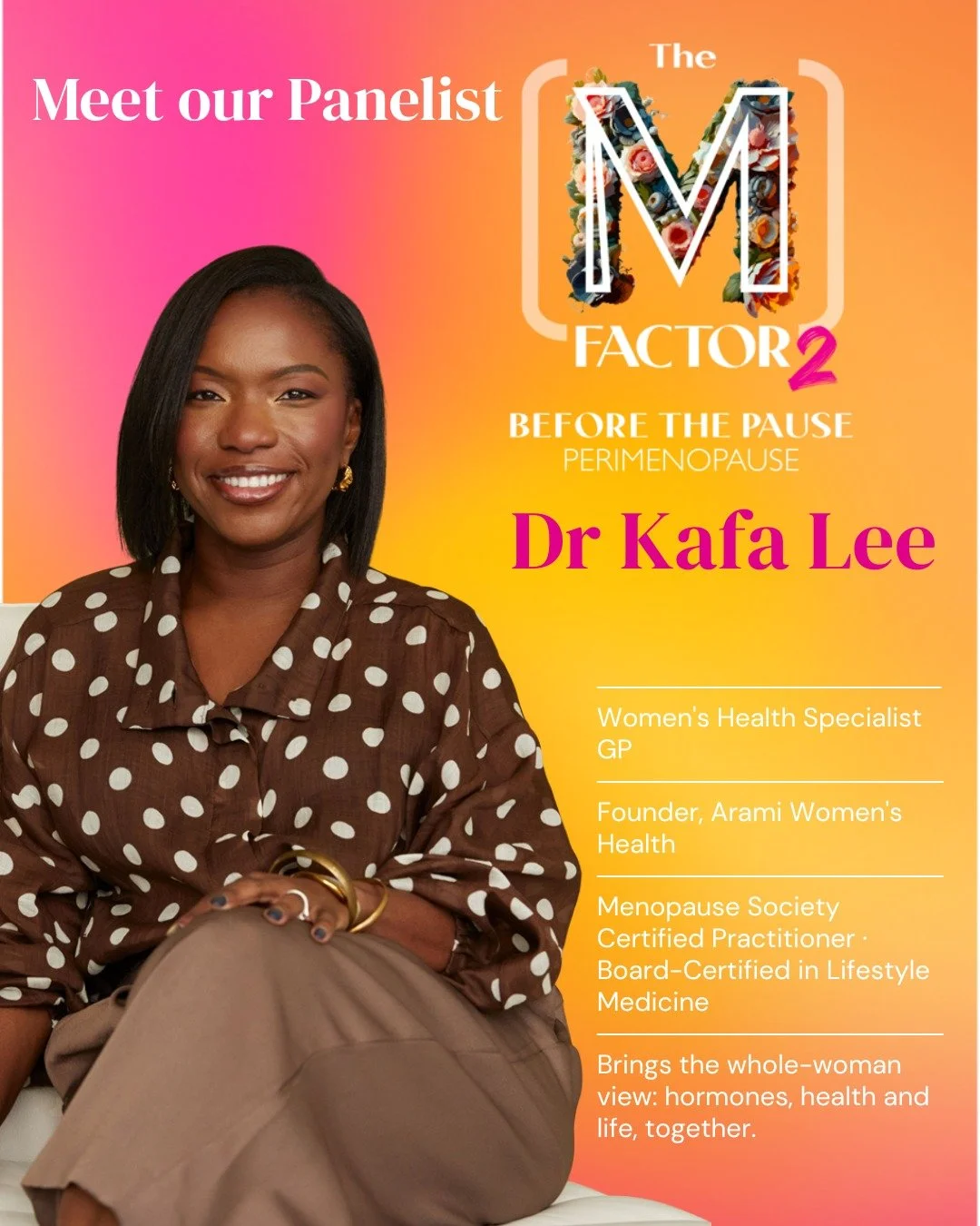 Meet our host and panelist: Dr Kafa Lee 🎙️ 

Too many women are told their perimenopause symptoms are 'just stress' or 'just age.' Care should look at the whole woman, not one symptom at a time. 

Dr Kafa Lee is a women's health specialist GP and fo