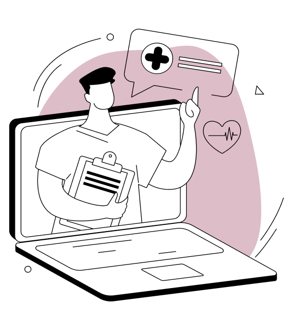 Illustration of a healthcare professional inside a laptop screen holding a clipboard and raising one finger, with medical icons and a pink background.
