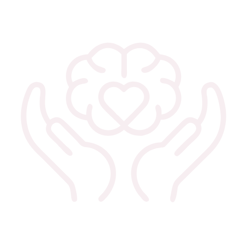 Line drawing of two hands holding a brain with a heart in the center of the brain.