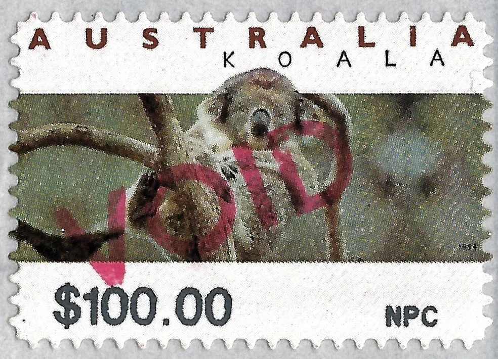 Australia Post technicians would test all new CPS printers for quality performance with test print runs of Counter Printed Stamps. This test example of a $100.00 NPC was then 'VOID stamped to ensure that these test examples were not used for postage.