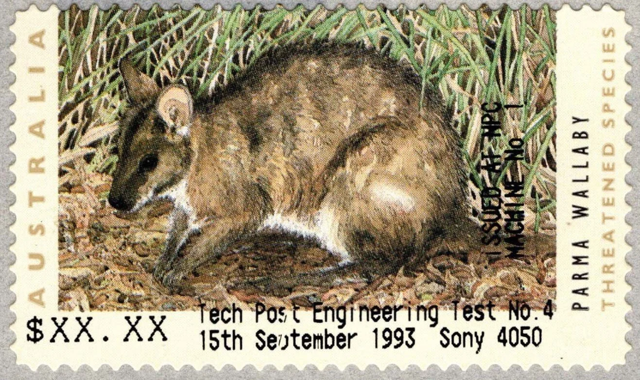 Another CPS stamp test printing utilising Sony print technology. This item is listed in Michael Nash's Australian Counter Printed Stamp Catalogue & Handbook 1991-2016