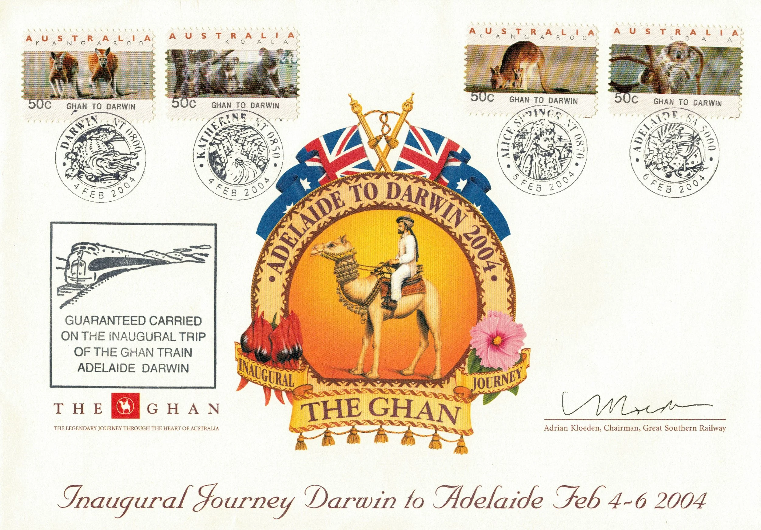 Counter Printed Stamps Cover - The Ghan Inaugural Journey Darwin to Adelaide - February 4-6, 2004 & listed in the Australian Counter Printed Stamp Catalogue & Handbook 1991-2016 - authored by Michael Nash