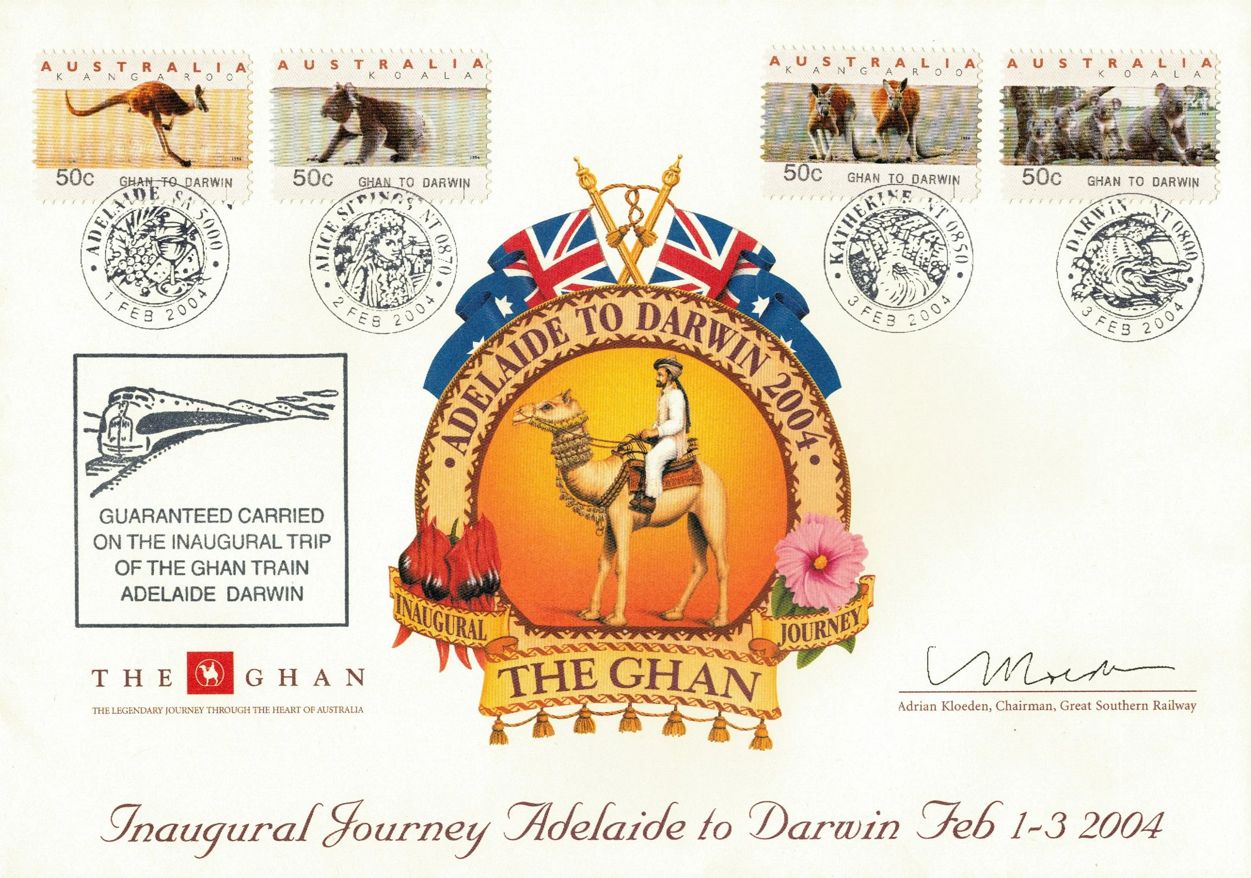 Counter Printed Stamps Cover - The Ghan Inaugural Journey Adelaide to Darwin - February 1-3, 2004 & listed in the Australian Counter Printed Stamp Catalogue & Handbook 1991-2016 - authored by Michael Nash