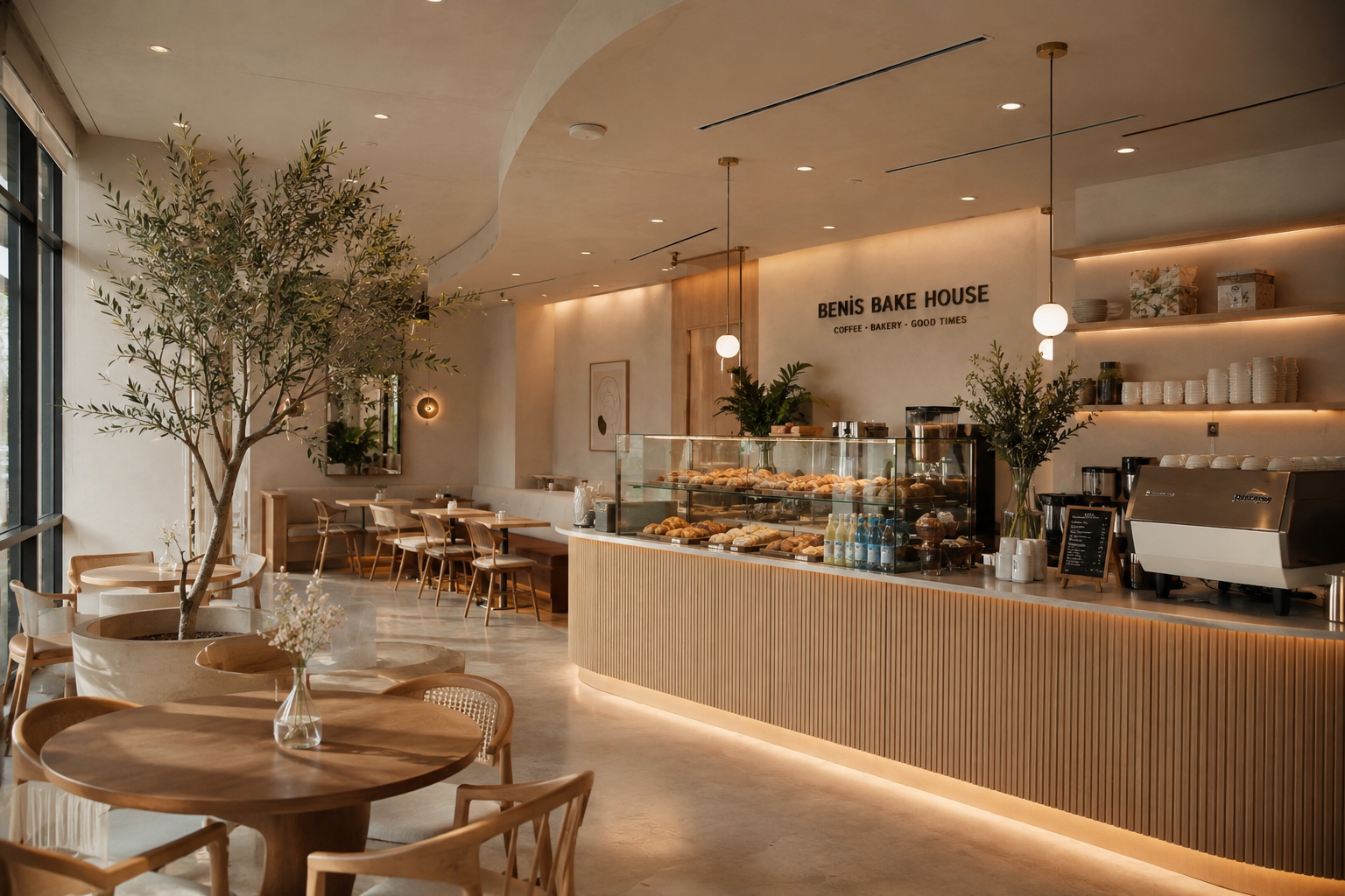 Interior of Benis Bake House, a bakery and café in Kitsilano, Vancouver, featuring a pastry display and coffee bar.