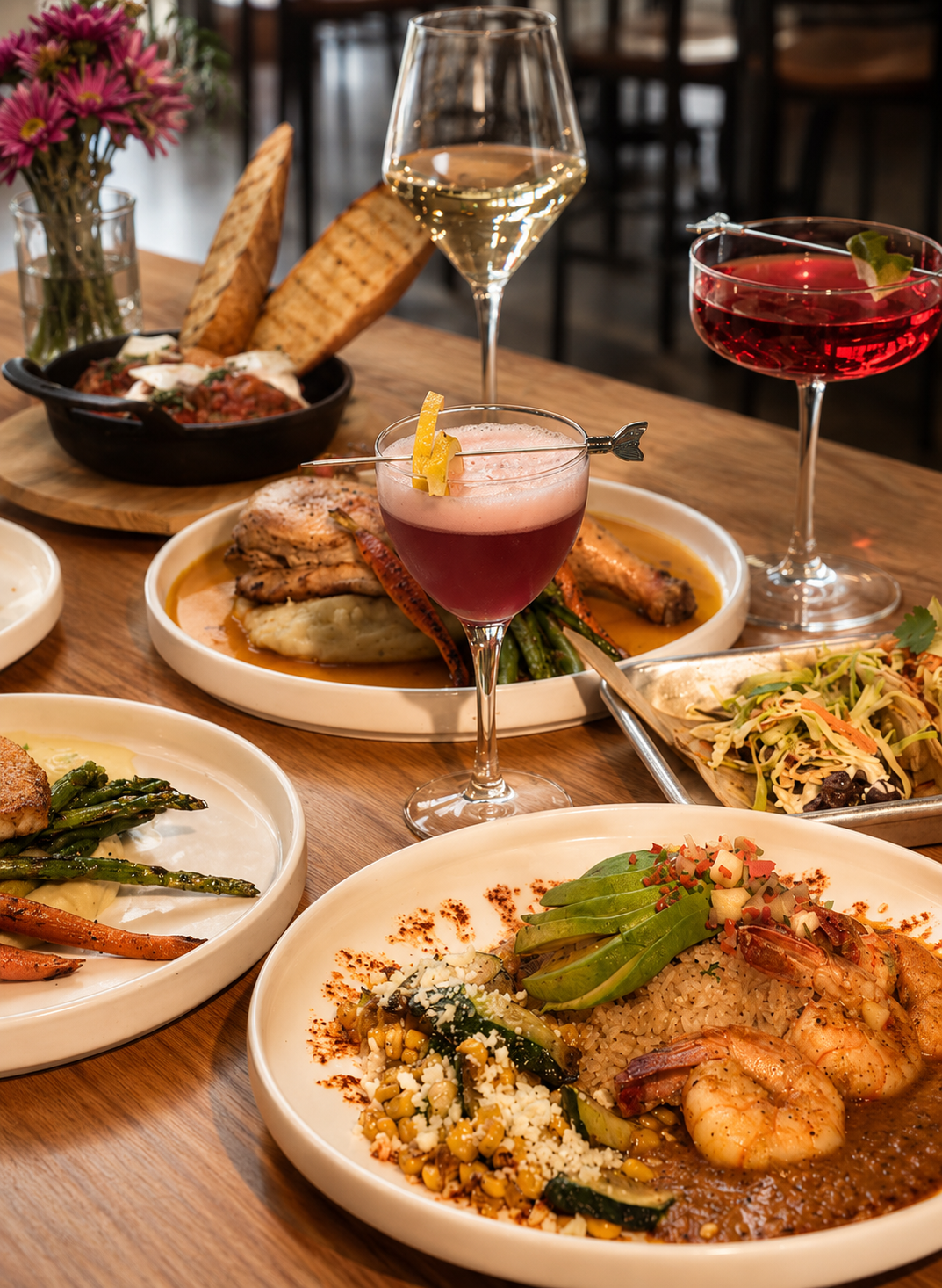 Assorted dishes including shrimp with rice, grilled chicken with vegetables, pasta salad, and grilled asparagus, along with three cocktails on a wooden table.