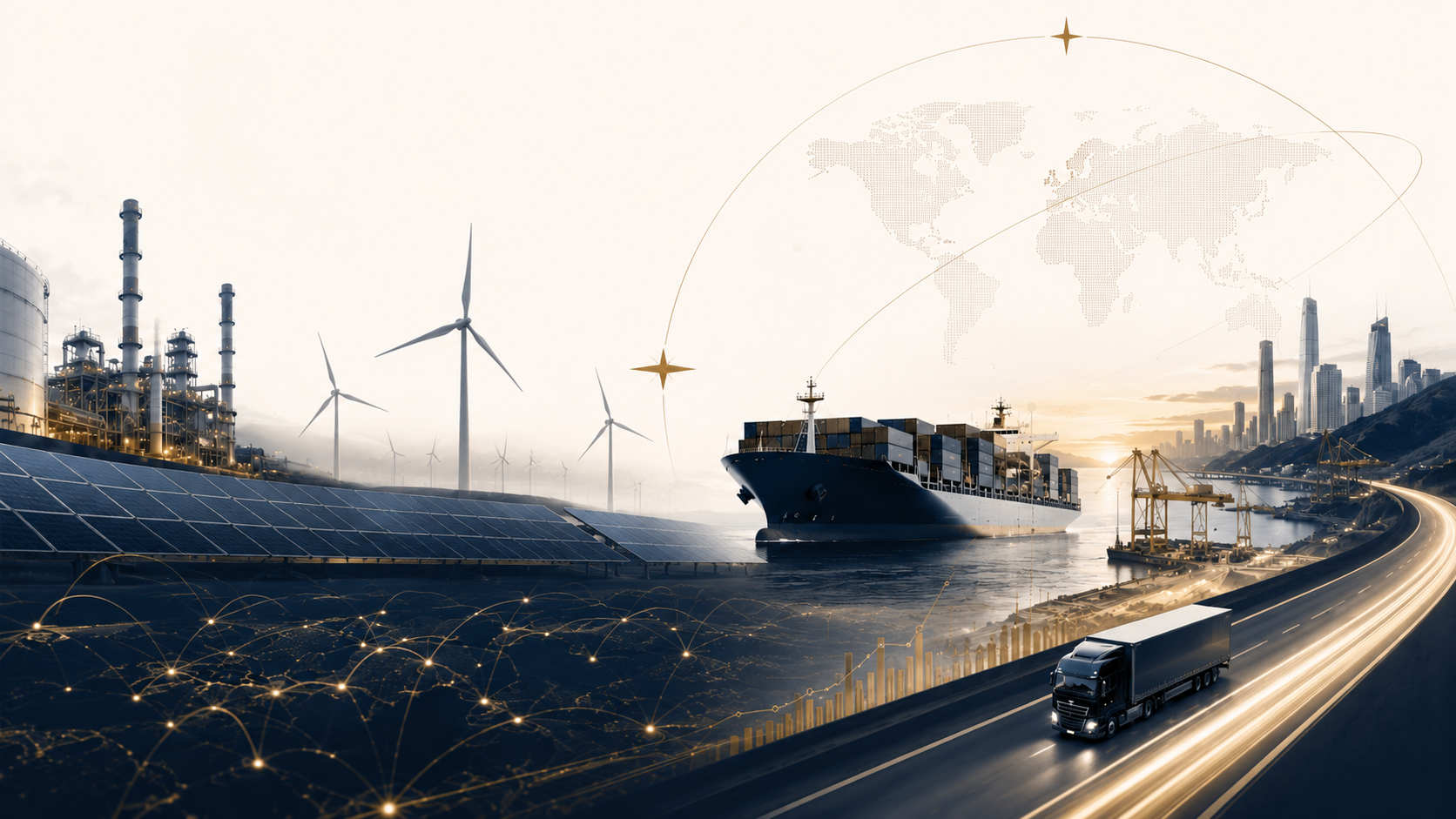 A futuristic scene of renewable energy sources like wind turbines and solar panels, a cargo ship, a highway with a truck, and a city skyline in the background, with a world map overlay.