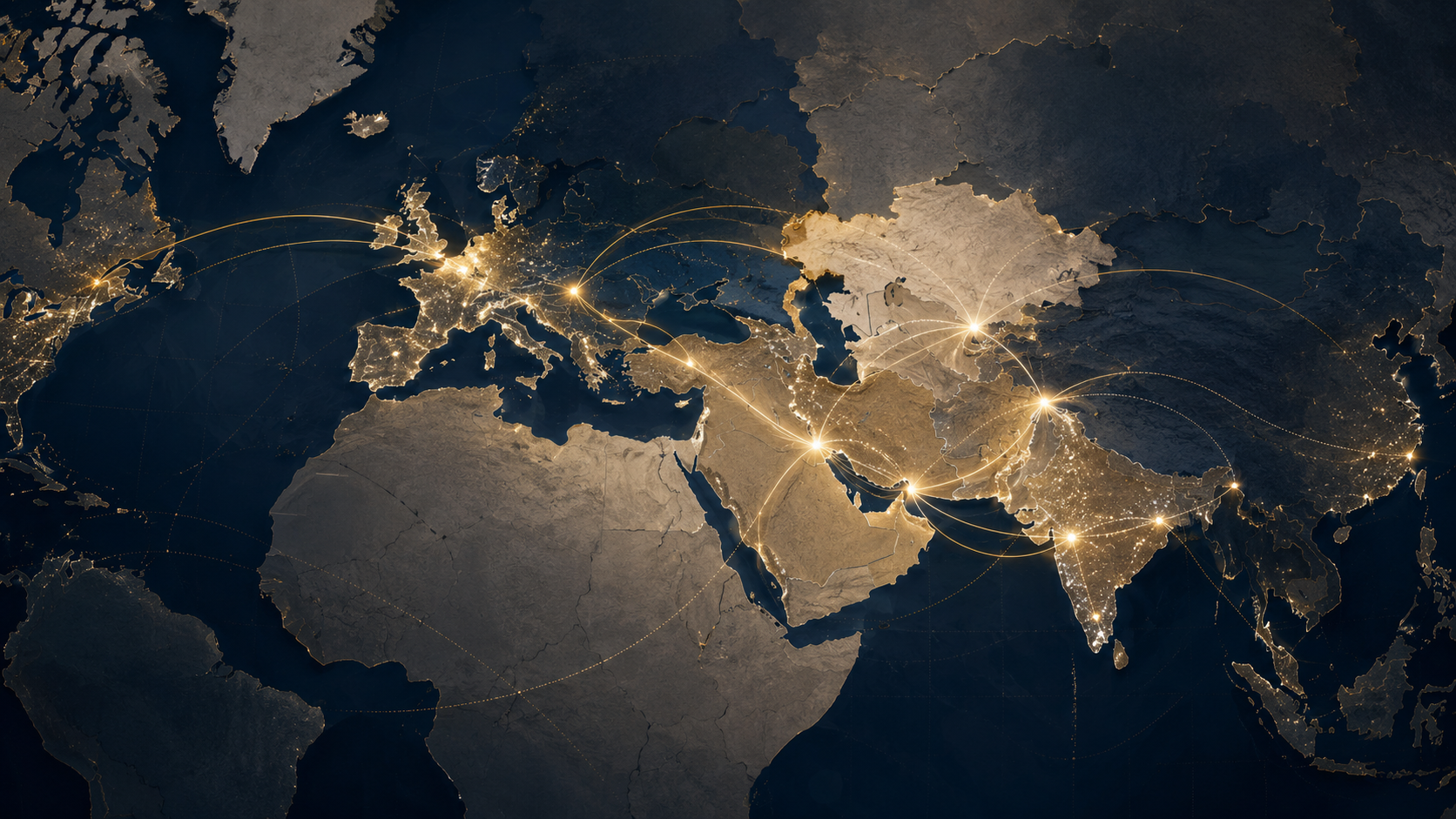 A satellite view of a world map showing Europe, Asia, and parts of Africa, with illuminated city lights and connecting lines highlighting major cities and routes.