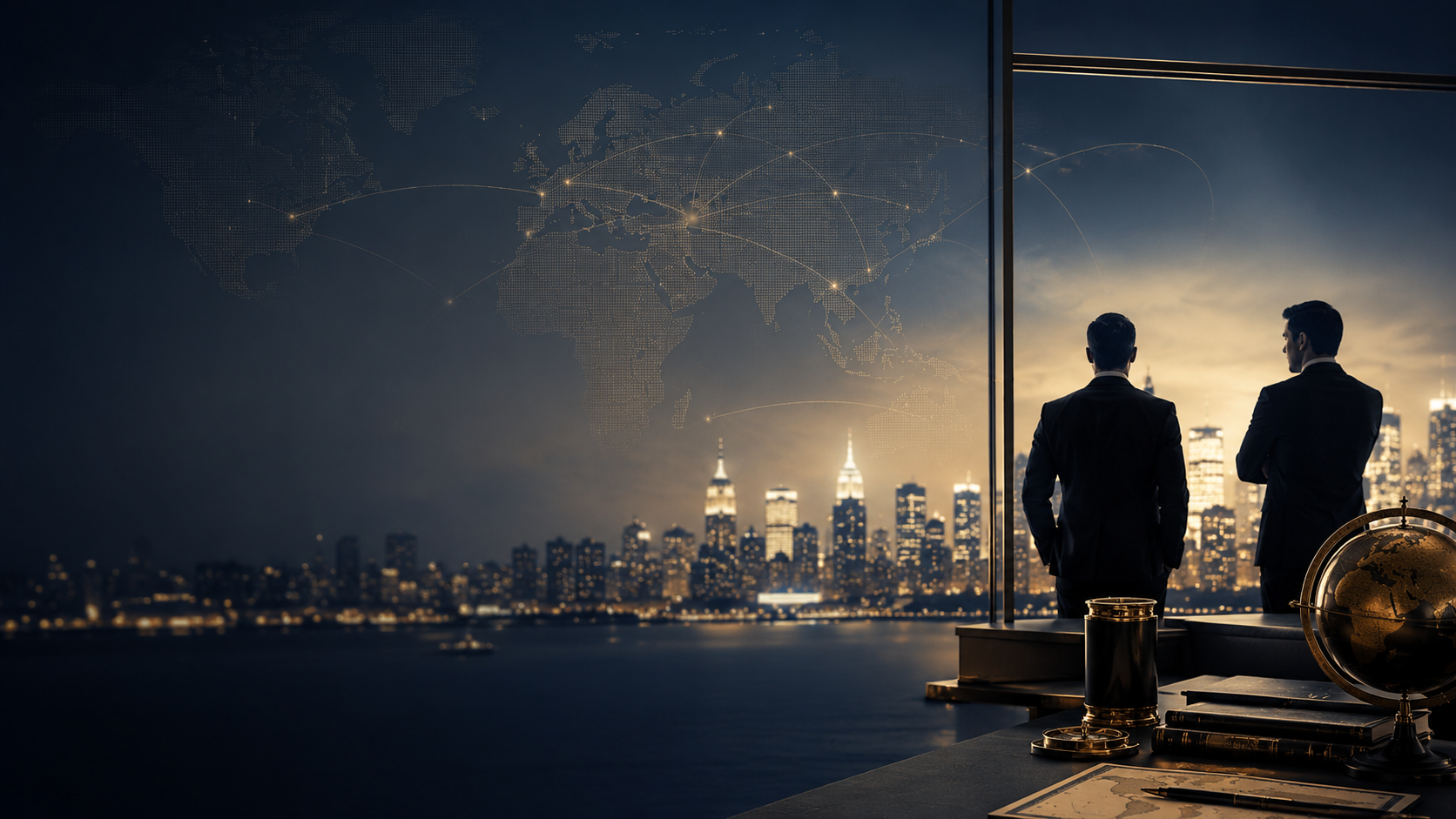 Two businessmen in suits standing by a window overlooking a city skyline at sunset, with a world map and globe on the desk in the foreground.