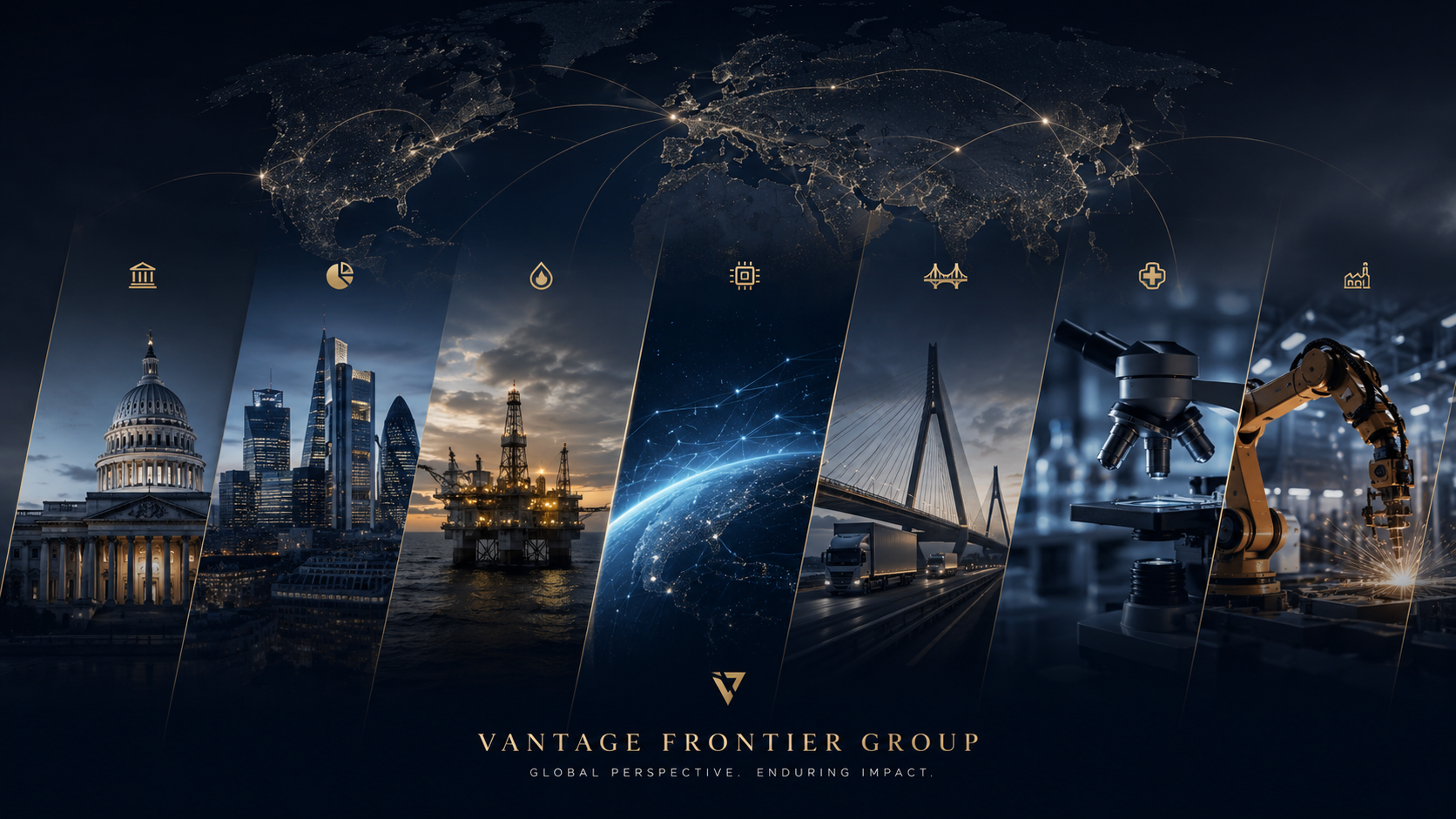 A composite image illustrating various industries and infrastructure, including government buildings, financial centers, oil rigs, global connectivity, transportation, scientific research, manufacturing, and technology, with a world map highlighting international connections, representing the Vantage Frontier Group.