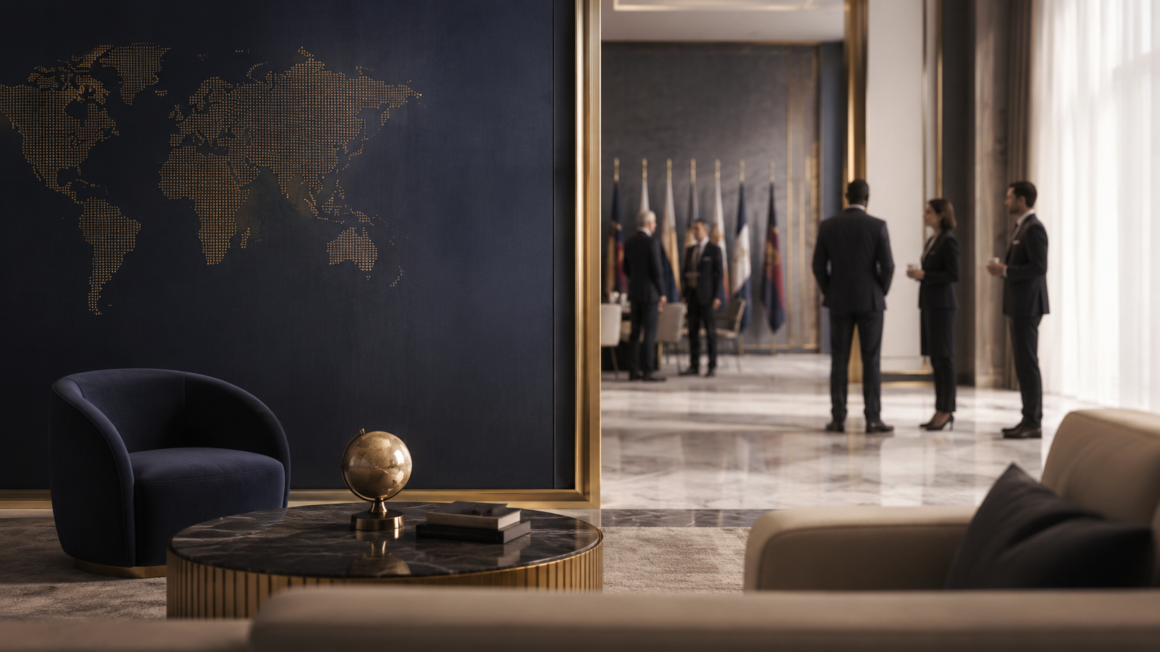 Modern office lobby with a dark blue wall featuring a gold dotted world map, a black velvet armchair, a round black marble coffee table with a gold globe and books, beige and black couches, and people in business suits conversing in the background near flag displays.