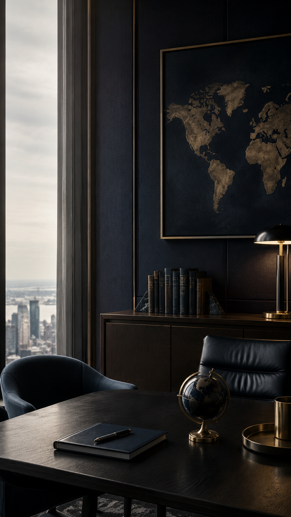 Modern office interior with a large window, dark walls, a world map on the wall, a black leather chair, a black table with a globe, notebook, and pen, and a cabinet with books and a black and gold desk lamp.