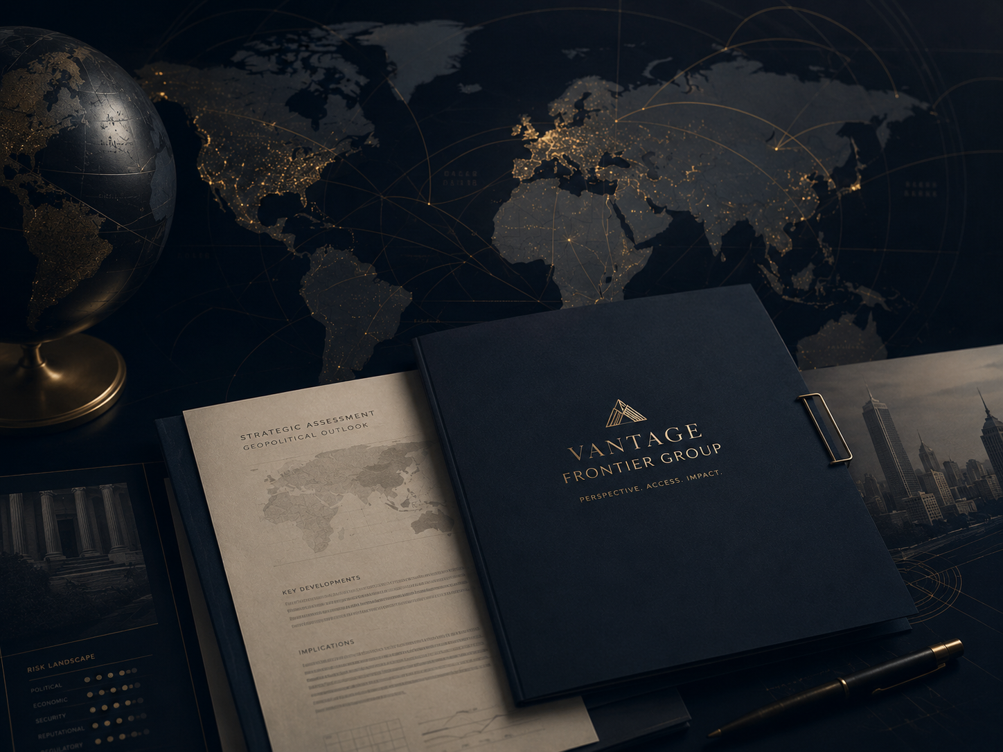 Dark-themed workspace with a globe, a world map with illuminated global connections, folders labeled 'Vantage Frontier Group' and 'Strategic Assessment Geopolitical Outlook,' and business-related documents and pen.