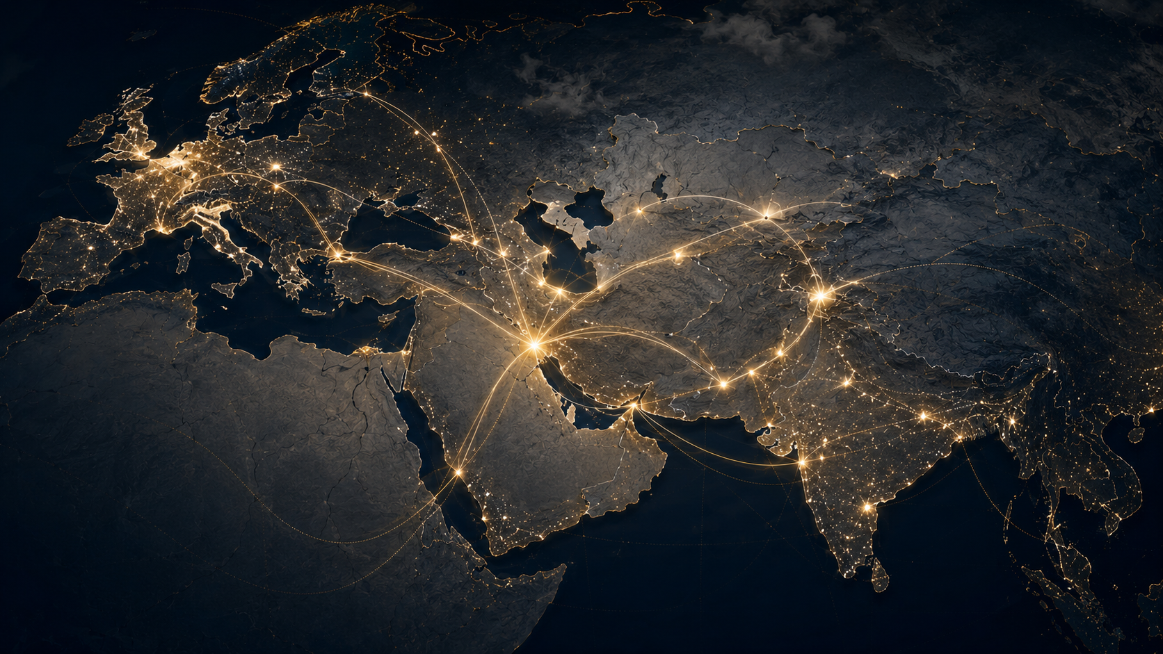 A digital map of Europe, Asia, and parts of Africa and the Middle East at night, showing illuminated city lights and a network of lines connecting major cities across continents.
