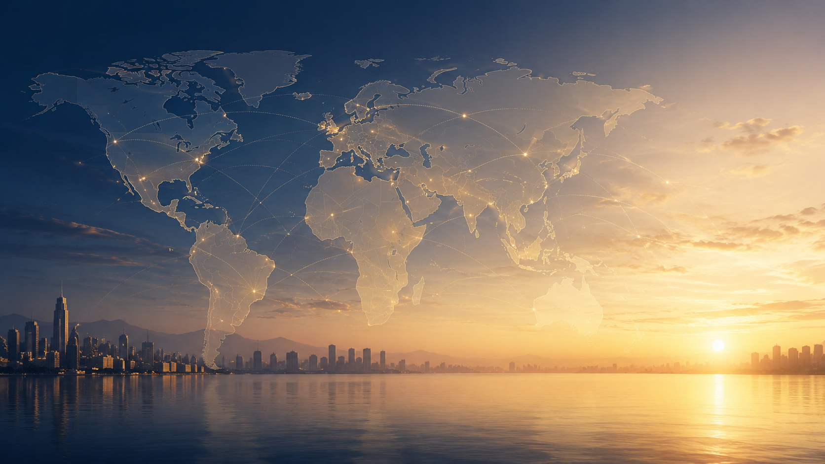 Sunset view of a city skyline with a faint world map overlay and connecting lines, reflecting on a body of water.