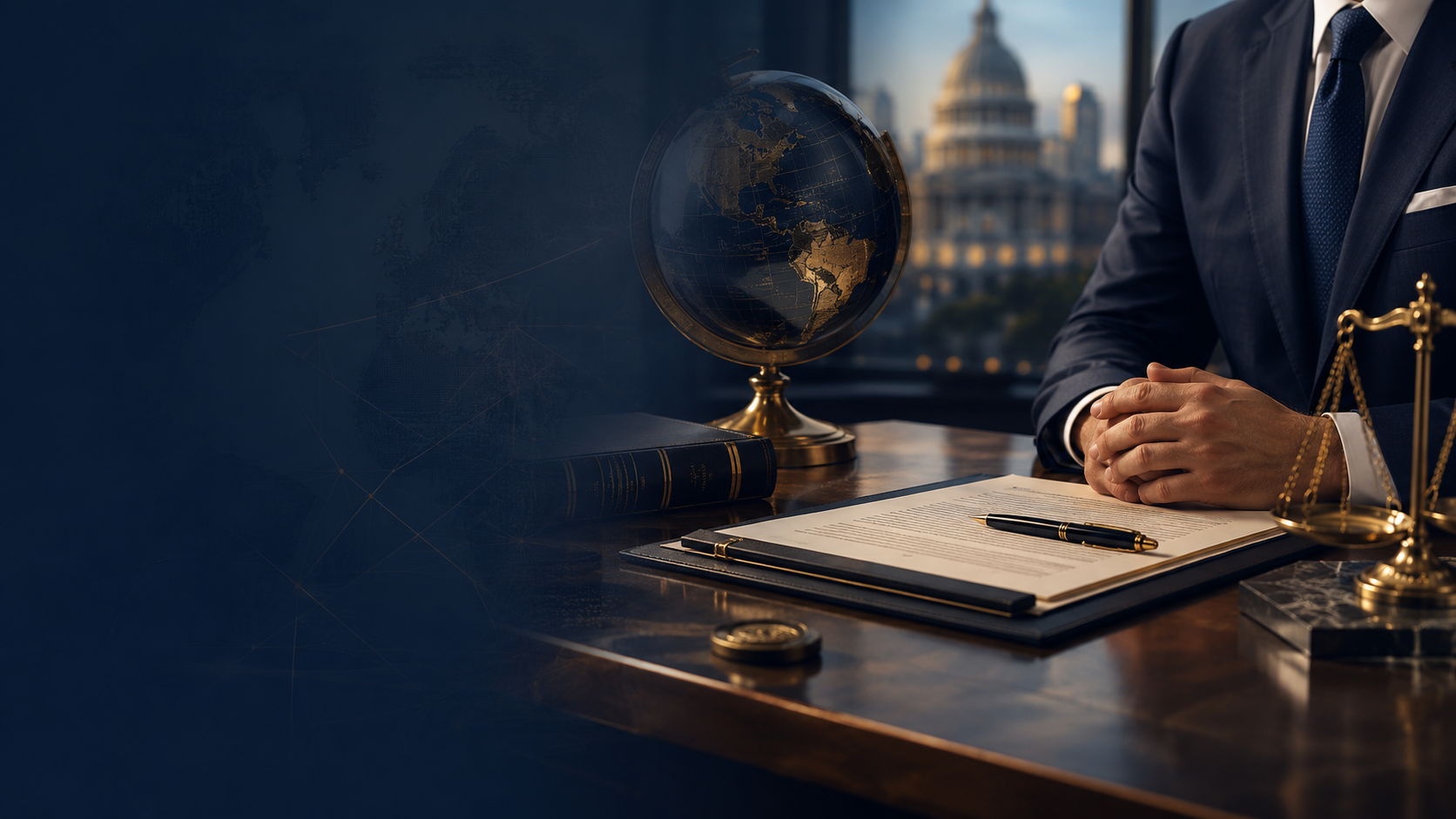 A businessman in a dark suit sitting at a wooden desk with a globe, legal book, and scale of justice, with the US Capitol building visible outside the window.