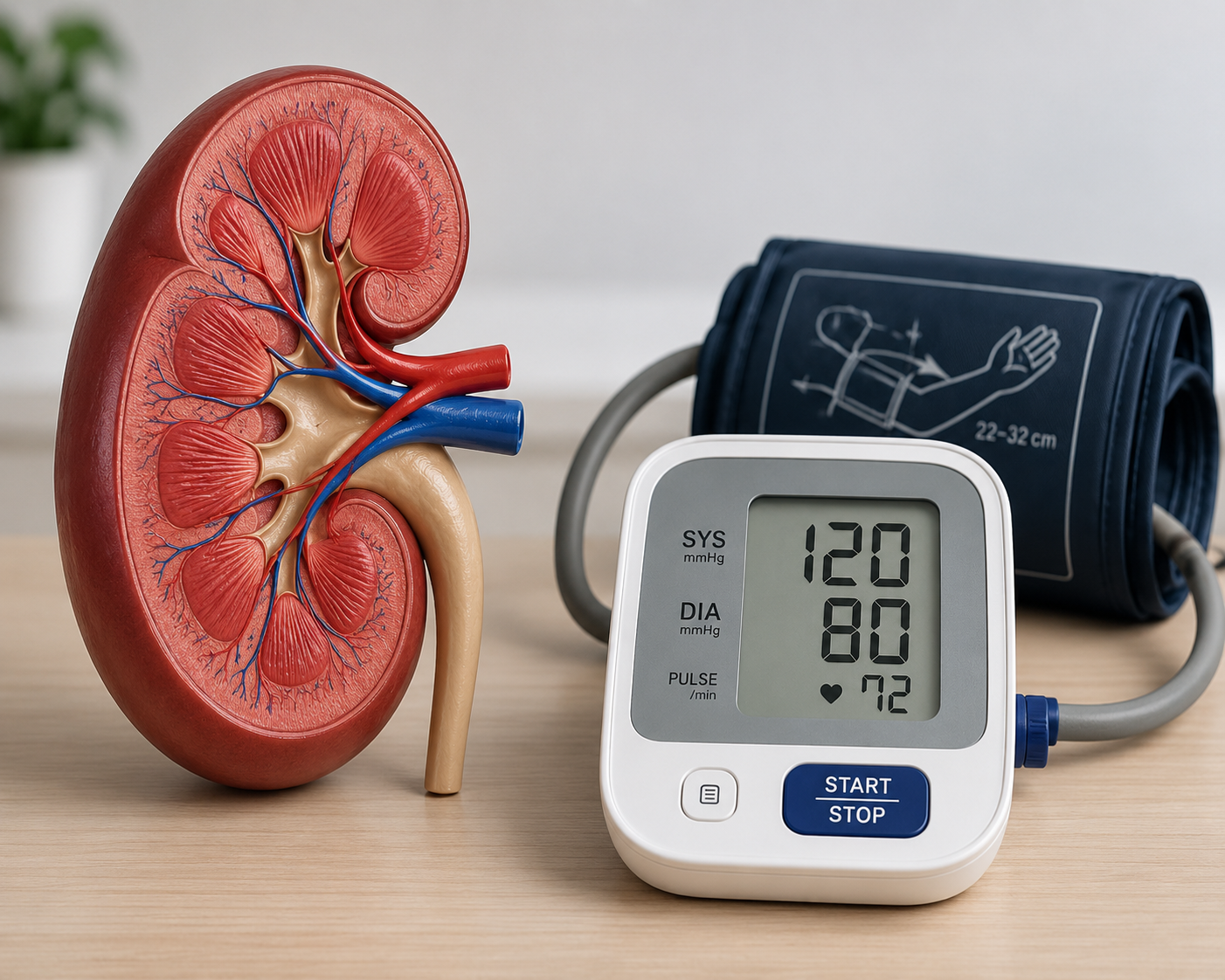 A model of a human kidney, a digital blood pressure monitor showing 120 over 80 mmHg with a heart rate of 72, and a blood pressure cuff in the background on a light wooden surface.
