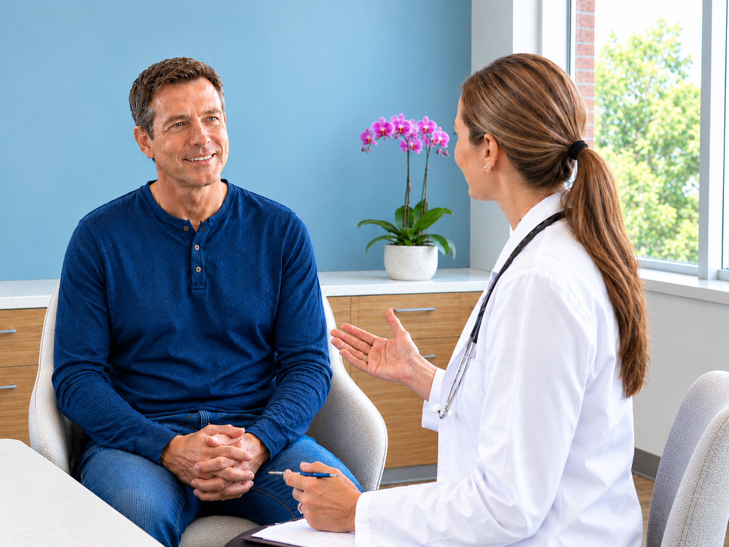 A male patient sitting and talking with a female doctor in a consultation room, with a window and a potted orchid plant visible.