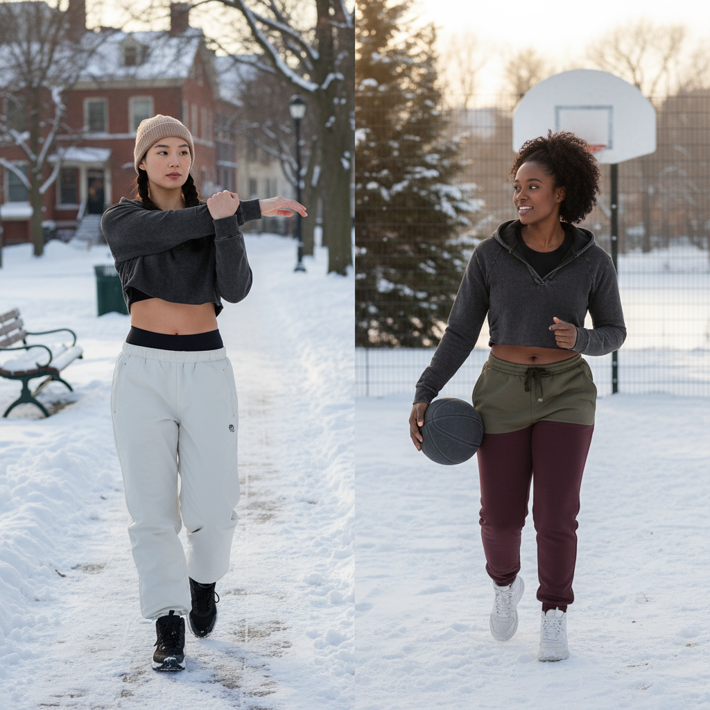 Two women in athletic wear enjoying outdoor winter sports on a snow-covered basketball court. One woman is stretching, and the other is holding a basketball, smiling.