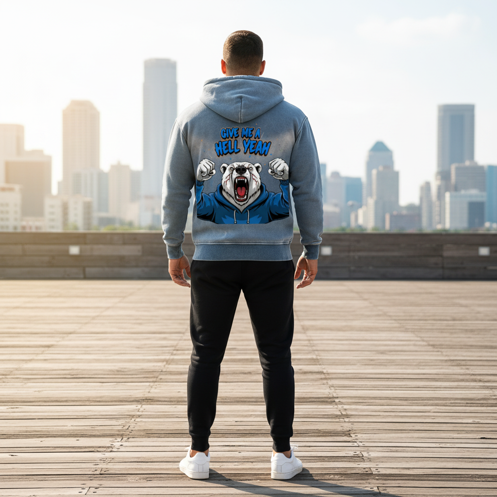 Man standing on a wooden deck in front of a city skyline wearing a gray hoodie with a graphic of a snarling bear and the text "Give me a hell yeah" on the back.
