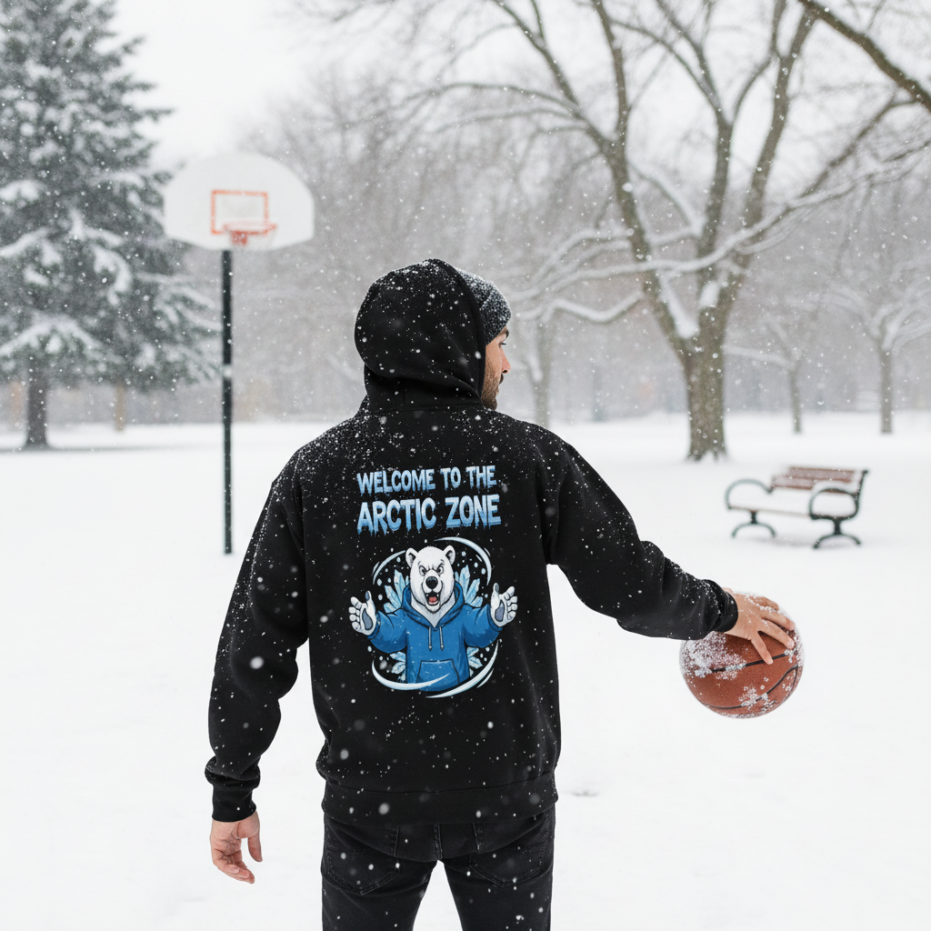 A person wearing a black hoodie with the text 'Welcome to the Arctic Zone' and a bear graphic, holding a basketball in a snowy park with trees, benches, and a basketball hoop in the background.